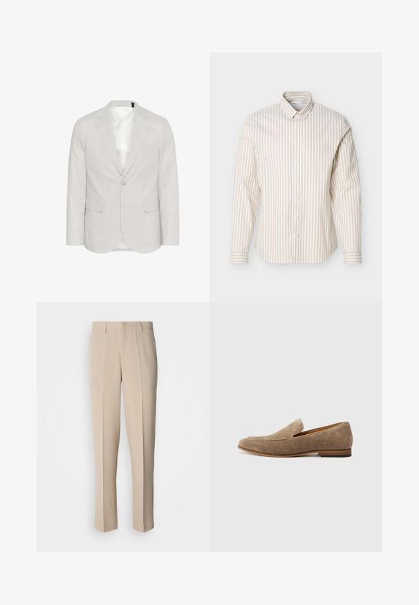 Blazer gris clair en mélange de lin, avec un col cranté, deux poches avant et une fermeture à deux boutons, doté d'une doublure intérieure lisse.; Chemise à manches longues beige et blanche à rayures verticales avec col boutonné, présentée sur un fond blanc uni.; Pantalon beige sur mesure avec une coupe droite, fabriqué dans un tissu lisse. Il présente un devant plat et une ceinture standard avec passants pour ceinture.; Mocassins en daim marron clair avec un design cousu, semelle plate et côtés ouverts pour un enfilage facile. Semelle en caoutchouc pour la durabilité.