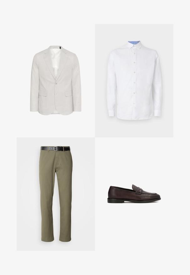 Blazer gris claro hecho de una mezcla de lino, con solapa muesca, dos bolsillos frontales y cierre de dos botones con un forro interior suave.; Camisa blanca de manga larga con botones al frente, con un patrón a cuadros azul claro en el interior del cuello y los puños. Textura de tela suave.; Pantalones rectos de color verde oliva, hechos de algodón, con un cinturón de cuero negro, costuras visibles y bolsillos laterales.; Zapato tipo mocasín para hombre de cuero marrón oscuro con tacón bajo, costura moc toe y detalle de correa en la parte superior, mostrado de perfil sobre fondo blanco.