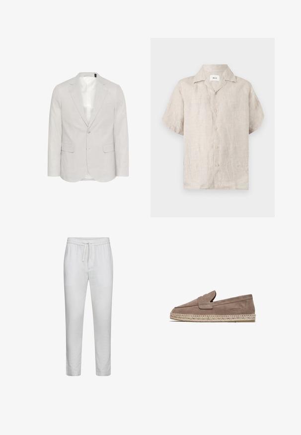 Blazer gris claro hecho de una mezcla de lino, con solapa muesca, dos bolsillos frontales y cierre de dos botones con un forro interior suave.; Camisa de lino beige de manga corta con cuello y botones delanteros, con una etiqueta blanca visible dentro del cuello que dice "NN.07".; Pantalones de lino blancos con cintura elástica y cordón, diseño de pierna recta y textura mínima. No hay bolsillos visibles.; FRED MARTIN COLLECTION MARBELLA - Alpargatas - taupe suede