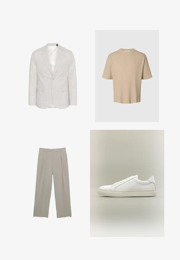 Blazer gris clair en mélange de lin, avec un col cranté, deux poches avant et une fermeture à deux boutons, doté d'une doublure intérieure lisse.; T-shirt en maille côtelée beige à manches courtes, col rond et coupe décontractée sur fond gris clair.; Pantalons larges gris clair avec une texture lisse, dotés de plis à l'avant, d'une fermeture à bouton et de poches latérales.; Baskets blanches basses à lacets sur l’avant et semelle épaisse, vues de côté sur un fond neutre.