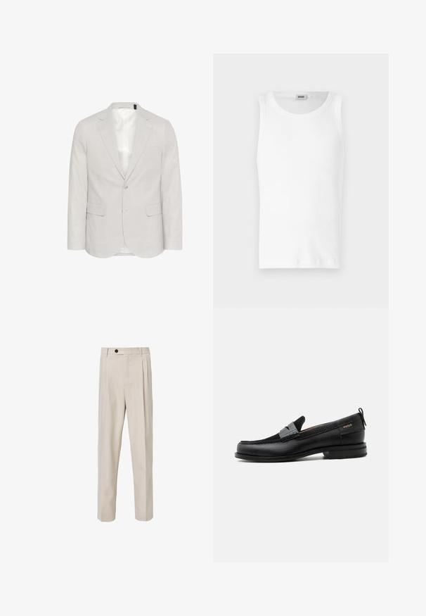 Lichtgrijze blazer van linnenmix, met een opstaande revers, twee voorzakken en een sluiting met twee knopen, voorzien van een gladde voering.; Witte katoenen mouwloze tanktop met een ronde halslijn en een gladde textuur. Eenvoudig ontwerp, geen patronen of accenten.; Beige op maat gemaakte broek met een recht model, voorzien van voorplooien, een knoopsluiting en een gladde stofstructuur.; Zwarte leren loafer met grijs riemdetailelement, lage hak en gestructureerde zool, aan de zijkant gebrandmerkt met "HUGO" in goud.