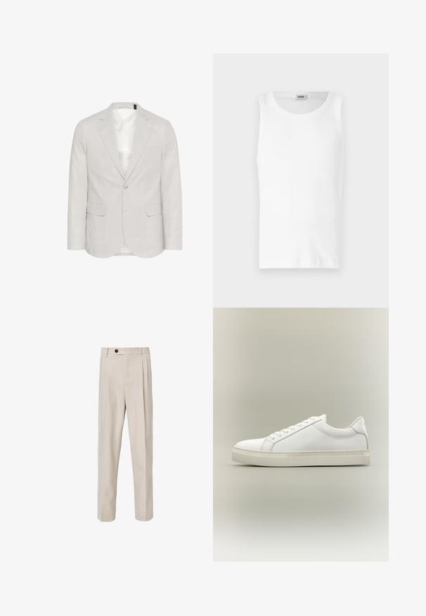 Blazer gris claro hecho de una mezcla de lino, con solapa muesca, dos bolsillos frontales y cierre de dos botones con un forro interior suave.; Camiseta sin mangas de algodón blanco con cuello redondo y una textura suave. Diseño sencillo, sin patrones ni acentos.; Pantalones beige tailorizados con un diseño de pierna recta, que presentan pliegues en la parte frontal, un cierre de botón y una textura de tela lisa.; Zapatilla blanca de perfil bajo con cordones en la parte delantera y suela gruesa, mostrada de lado sobre un fondo neutro.