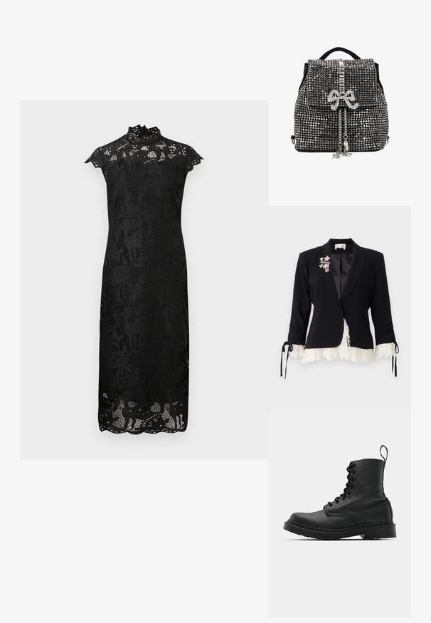 Cinq à Sept LE PETIT ROXIE - Blazer - black/ivory; Sort blondekjole med høj halsudskæring og indviklede blomsterdekorationer, med kapærmer og en bølget kant.; Sort læder kampstøvle med rund tå, snørebånd foran og en løkke ved anklen. Har en tyk gummisål for holdbarhed.; Sort og sølv rygsæk besat med rhinsten med en juvelbesat sløjfelås og dekorative hængende kæder på hvid baggrund.