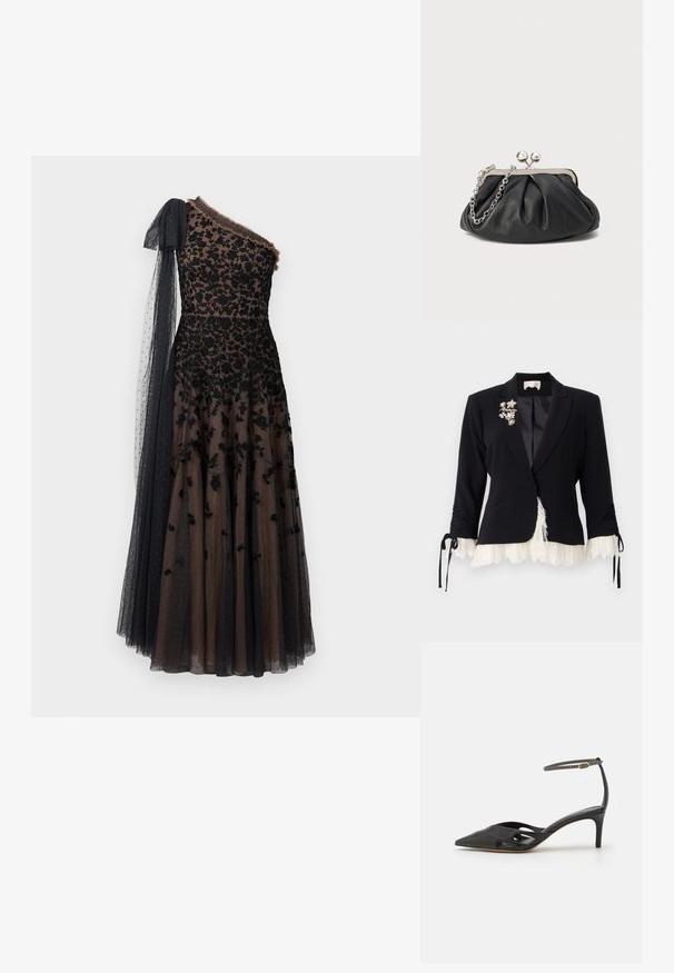 Cinq à Sept LE PETIT ROXIE - Blazer - black/ivory; En-skulder sort tylkjole med blomsterbroderi, gennemsigtig langærmet og flæset halsudskæring på et brunt underlag.; Sort læder højhælet sko med spids tå, åbne sider og en tynd ankelrem med en lille guld detalje.; Sort læder clutch med samlet tekstur, sølvfarvet metalramme, kys-lås lukning og kædestrop. Glat, blød overflade.