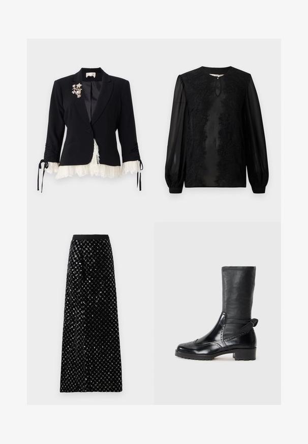 Cinq à Sept LE PETIT ROXIE - Blazer - black/ivory; Sort bluse med lange gennemsigtige ærmer; har indviklet blondedetaljering langs fronten og en lille nøglehulåbning ved halsen.; Sort velour maxi nederdel prydet med et diamanthulmønster, der har en glat talje og en lige silhuet.; Sort ankelstøvle med en glat læderoverdel, brogue-detaljer, rund tå og en mellemhøj blokhæl. Har en blød, struktureret skaft.