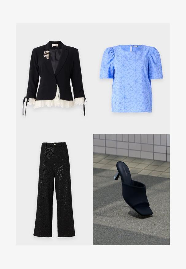 Cinq à Sept LE PETIT ROXIE - Blazer - black/ivory; Lys blå bluse med puffede ærmer, struktureret blomster mønster og firkantet udskæring; har en nøglehulskæring bagpå.; Sorte bredbenede bukser med en tekstureret overflade, der har metalliske accenter og et subtilt bølget mønster. Trykknaplukning i taljen.; Sort åben tå mule med blokhæl og firkantet tå, mærket "EVEN&ODD," placeret på gråt fortov nær flisebelagt væg.