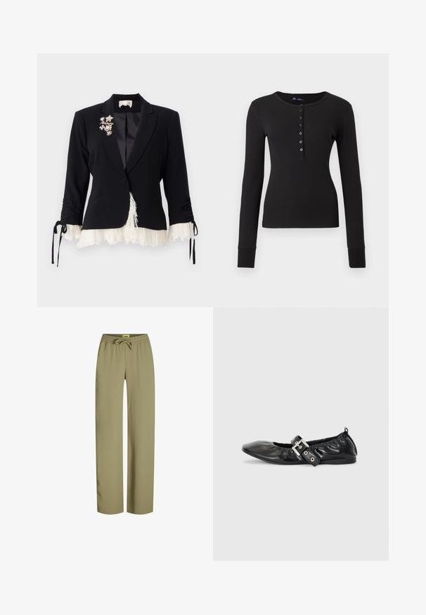 Cinq à Sept LE PETIT ROXIE - Blazer - black/ivory; Sort ribbet langærmet henley skjorte med rund halsudskæring og seks knapper foran, slim fit, præsenteret på en hvid baggrund.; Grønne, løstsiddende bukser med elastisk talje og justerbar snor. Lavet af blødt stof med lige ben og ingen synlige lommer.; Sorte læder flade sko med spids tå, samling detaljer omkring åbningen, og en sølv spænde accent på den justerbare rem.
