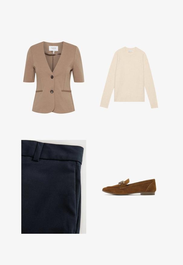 Brun kortærmet blazer med V-hals, enkelt knaplukning, to forlommer, struktureret stof og skræddersyet pasform.; Lys beige uldtrøje med rund hals, lange ærmer og ribstrikkede manchetter og kant. Blød tekstur, minimalistisk design, ingen synlige mønstre eller accenter.; Marineblå bukser med en glat stoftekstur, et fladt frontdesign og fine syningsdetaljer langs linningen og lommerne.; Brune ruskind loafers med flad hæl, med en dekorativ metal kædeaccent på overdelen. Glat tekstur og strømlinet design.