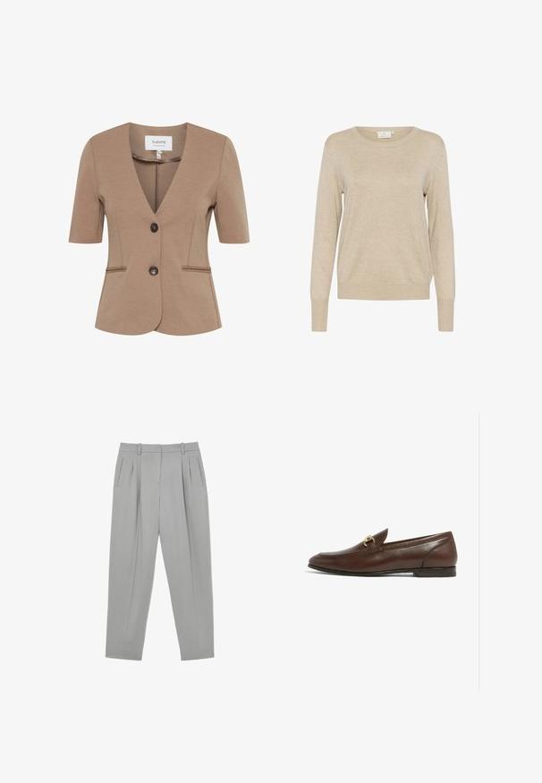 Brun kortærmet blazer med V-hals, enkelt knaplukning, to forlommer, struktureret stof og skræddersyet pasform.; Beige trøje lavet af blødt strikstof, med rund halsudskæring, lange ærmer og en afslappet pasform. Ensfarvet tekstur uden synlige mønstre.; Lysegrå formelle bukser med frontplisser, sidelommer, bæltestropper og en tilspidset benform.; Brun læderloafer med en rund tå, der har en guldfarvet hardwaredetalje på overdelen. Flad sål med diskrete syninger.