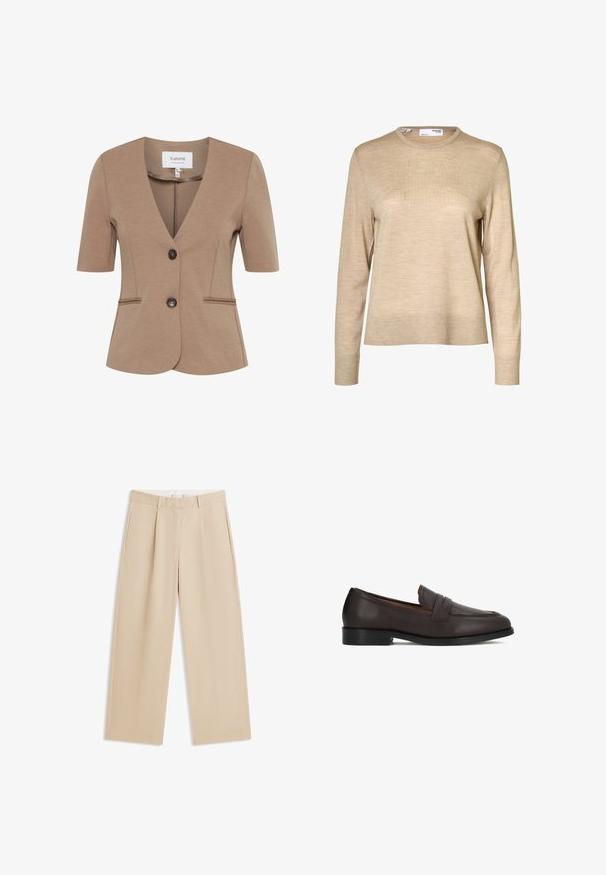 Brun kortærmet blazer med V-hals, enkelt knaplukning, to forlommer, struktureret stof og skræddersyet pasform.; Beige langærmet uldsweater med rund hals og ribstrikkede manchetter og kant, vist mod en hvid baggrund.; Beige bukser med vide ben, bæltestropper, sidelommer og en pres fald foran på hvert ben, vist fladt på en hvid baggrund.; Brune læderloafers med en glat finish, rundet snude og dekorativ detalje foran. Robust sål og diskret hælhøjde.