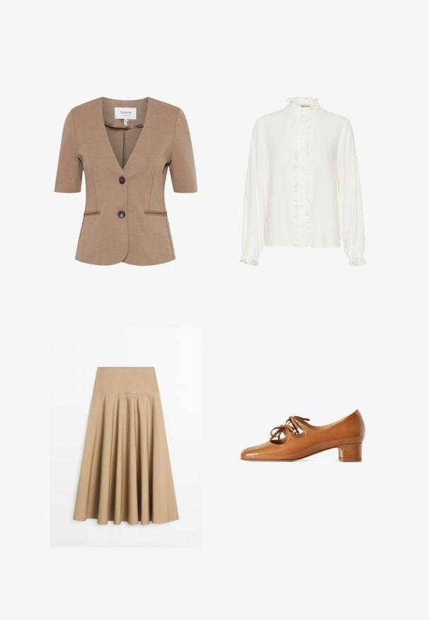 Brun kortærmet blazer med V-hals, enkelt knaplukning, to forlommer, struktureret stof og skræddersyet pasform.; Hvid bluse med flæsefront, høj hals og lange ærmer. Lavet af et glat stof med knaplukninger ned gennem midten.; Beige midi-nederdel med høj talje, bred taljebånd og bløde plisseringer, der flår ud mod kanten for en flydende silhuet.; Brun lædersko med lav hæl, to sløjfebindte udskæringer på overlæderet, rundet tå og en blokhæl, vist i sideprofil på hvid baggrund.