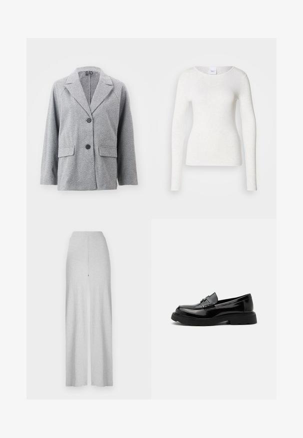 Blazer gris en tissu à motif de chevrons, doté d'un col cranté, de deux poches avant et de deux boutons noirs.; T-shirt blanc à manches longues en tissu doux et léger avec un col rond et une coupe ajustée, présentant une texture subtile.; Pantalons larges côtelés gris clair avec une taille haute et une fente avant. Fabriqués en tissu doux avec une texture lisse.; Mocassin noir en cuir brillant avec une semelle épaisse et une bride décorative sur le dessus, sur un fond uni gris clair.