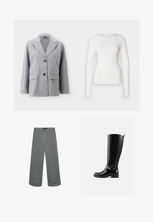 Grijze blazer van een visgraatpatroon stof, met een aangeknipt kraag, twee voorzakken en twee zwarte knopen.; Wit T-shirt met lange mouwen van een zachte, lichtgewicht stof, met een ronde halslijn en een aansluitende pasvorm, met een subtiele textuur.; Wijde broekspijpen van een geaderde grijze gebreide stof. Heeft een hoge tailleband en rechte pijpen, die zorgen voor een ontspannen pasvorm.; Zwarte kniehoge laarzen van glanzend leer, met een zilveren gespdetail op de enkel en een afgeronde neus. Platte zool.