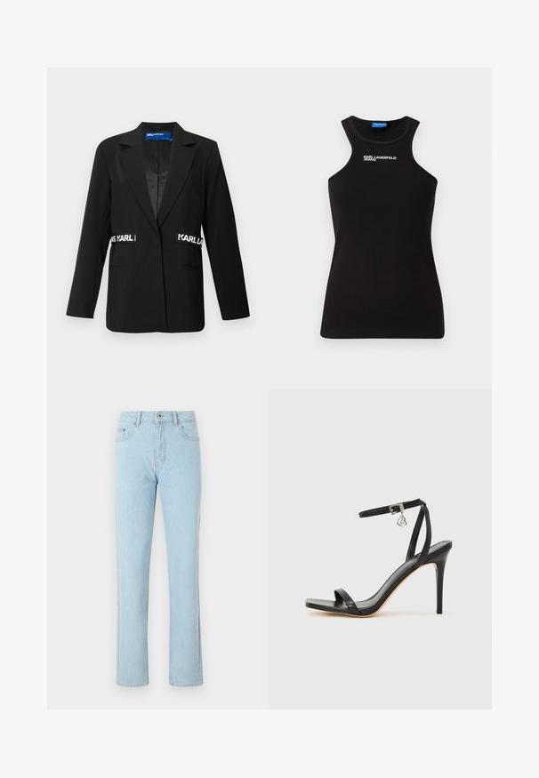 Zwarte blazer met een slim-fit ontwerp, enkele knoopsluiting, twee voorzakken en "Karl" logo-accenten aan de zijkanten. Soepele stoftextuur.; Zwart geribd tanktop met hoge halslijn en wit "Karl Lagerfeld Jeans"-logo gecentreerd vlak bij de kraag.; Lichtblauwe straight-leg spijkerbroek met voor- en achterzakken, knoop- en ritsluiting, weergegeven op een witte achtergrond.; Zwarte sandaal met hoge hak, smalle enkelband, vierkante neus, soepel leermateriaal en metalen gespsluiting.