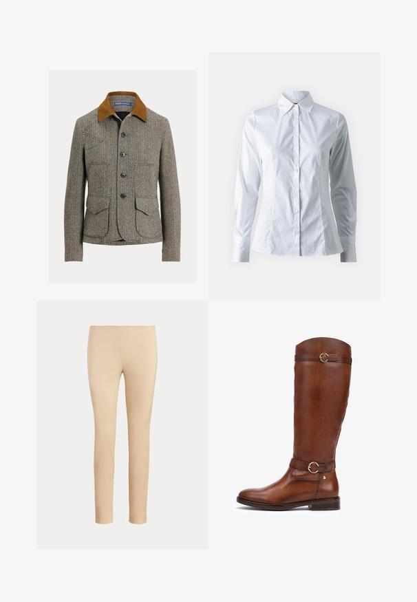 Chaqueta marrón de espiga con cuello de pana, que cuenta con cierre de botones, dos bolsillos delanteros y un diseño de corte clásico.; Camisa blanca de botones con mangas largas, cuello de punta, diseño ajustado, tela de algodón lisa y cierre frontal con botones.; Pantalones beige ajustados hasta el tobillo con un acabado liso y sin bolsillos visibles ni adornos sobre un fondo liso.; Botas de cuero marrón hasta la rodilla con un acabado suave, puntera redondeada, una correa decorativa con una hebilla circular y un tacón bajo apilado.