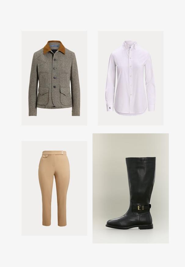 Chaqueta marrón de espiga con cuello de pana, que cuenta con cierre de botones, dos bolsillos delanteros y un diseño de corte clásico.; Camisa blanca de manga larga con botones, cuello abotonado y un pequeño logotipo bordado en el puño izquierdo.; Pantalones beige ajustados con cintura alta, que presentan dos pequeños botones decorativos en la cinturilla y un bolsillo con solapa y botón en el lado derecho.; Bota alta negra de cuero con tacón bajo y una correa lateral con una pequeña hebilla dorada, mostrada sobre un fondo neutro.