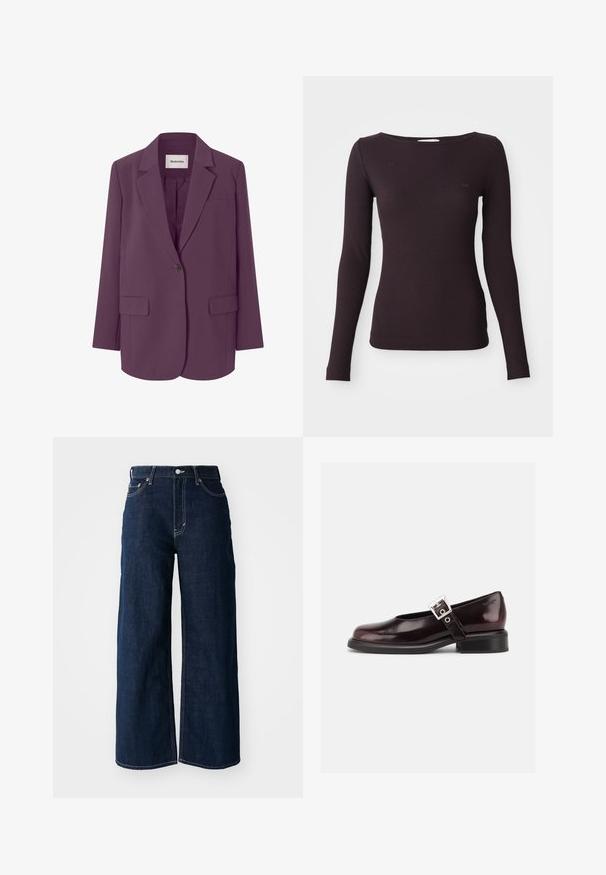 Blazer violet avec un revers cranté, fermeture à un bouton et deux poches avant. Tissu lisse avec une coupe structurée et ajustée.; Haut à manches longues en jersey côtelé de couleur violet foncé avec un décolleté en rond et une silhouette ajustée. Texture douce avec un léger détail de logo sur la poitrine.; Jeans en denim bleu foncé à jambes larges avec des coutures contrastées, un design à cinq poches et une fermeture à bouton à la taille.; Chaussure Mary Jane unique brillante couleur bordeaux foncé avec une large bride et une boucle argentée, talon bloc bas et bout arrondi sur fond blanc.