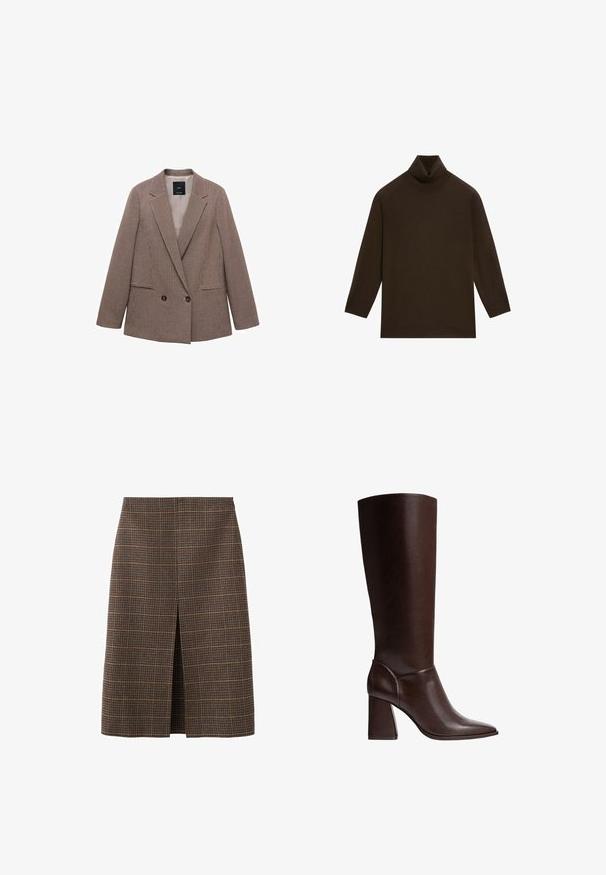 Blazer à carreaux marron avec un devant croisé, des revers à pointe, deux poches latérales et une doublure intérieure lisse.; Pull à col roulé marron foncé à manches longues avec col et bas côtelés, posé à plat sur un fond blanc.; Jupe à carreaux marron avec une coupe droite, longueur genou, dotée d'une fente à l'avant. Le tissu a une finition texturée avec des contrastes de couleurs subtils.; Botte en cuir marron, montant jusqu'au genou, avec un bout pointu et un talon bloc, présentant une texture lisse et un design élégant. Broderies accentuées au niveau de la cheville.
