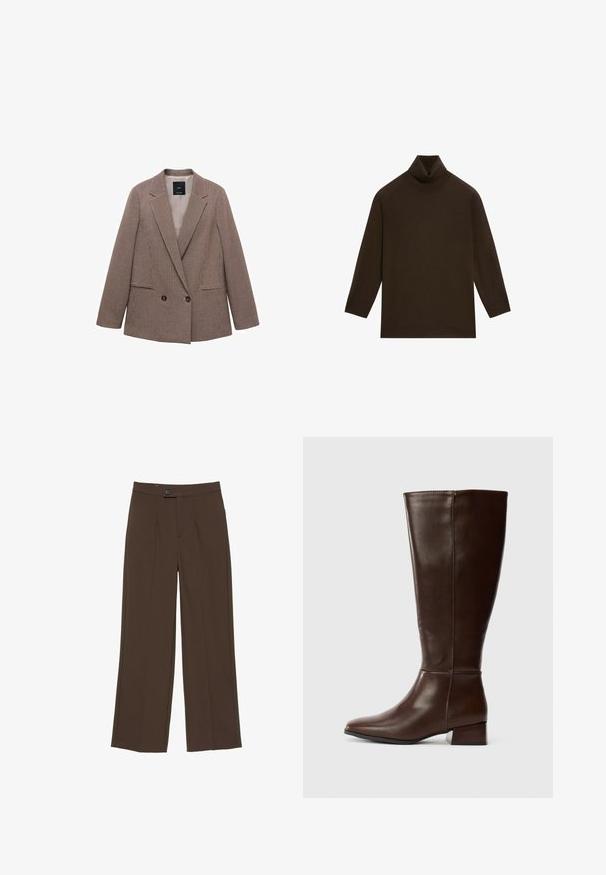 Blazer à carreaux marron avec un devant croisé, des revers à pointe, deux poches latérales et une doublure intérieure lisse.; Pull à col roulé marron foncé à manches longues avec col et bas côtelés, posé à plat sur un fond blanc.; Pantalon droit marron avec fermeture devant par bouton et zip, présentant des lignes nettes, ajustées et une taille mi-haute.; Botte en cuir brun foncé, haute, avec un petit talon bloc et une finition lisse, vue de profil sur fond blanc.