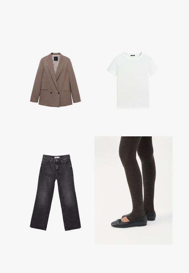 Blazer à carreaux marron avec un devant croisé, des revers à pointe, deux poches latérales et une doublure intérieure lisse.; T-shirt blanc uni à manches courtes avec un col rond et une petite étiquette noire à l’intérieur du col.; Jean noir à jambes larges, poches avant et fermeture par bouton, étiquette de taille 38 visible à la ceinture.; Jambes portant des leggings côtelés foncés associés à des ballerines noires avec de petits détails en nœud sur fond blanc.