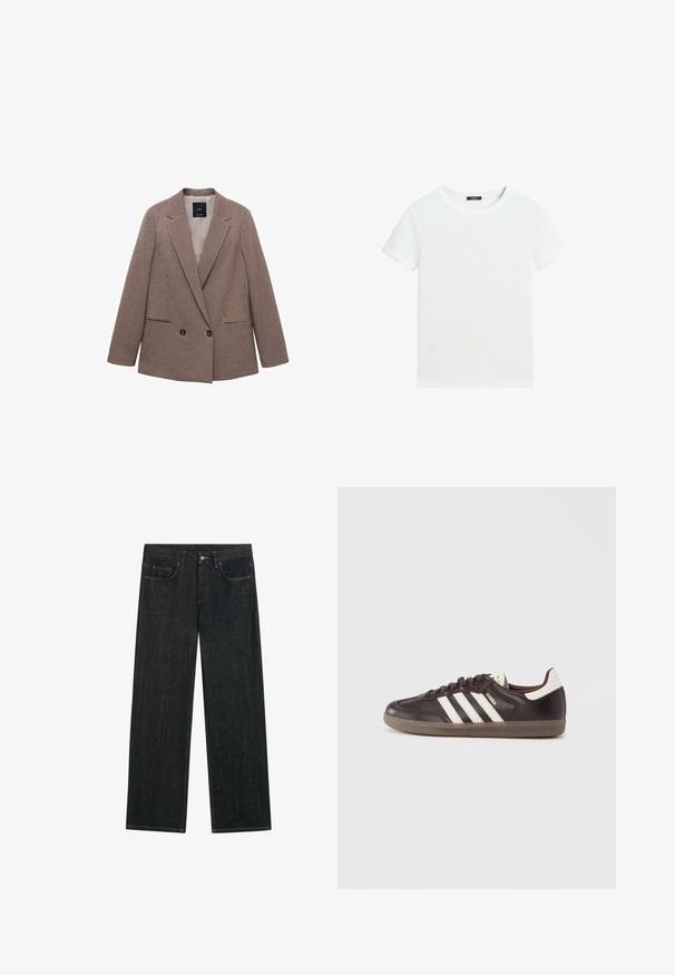 Blazer à carreaux marron avec un devant croisé, des revers à pointe, deux poches latérales et une doublure intérieure lisse.; T-shirt blanc uni à manches courtes avec un col rond et une petite étiquette noire à l’intérieur du col.; Jean en denim bleu foncé à coupe droite, fermeture par bouton et zip à l'avant, poches avant et passants pour ceinture.; Baskets en cuir marron foncé avec un design à trois bandes blanches, une semelle en caoutchouc et l'inscription "Samba" en lettres dorées sur le côté. Forme classique basse.