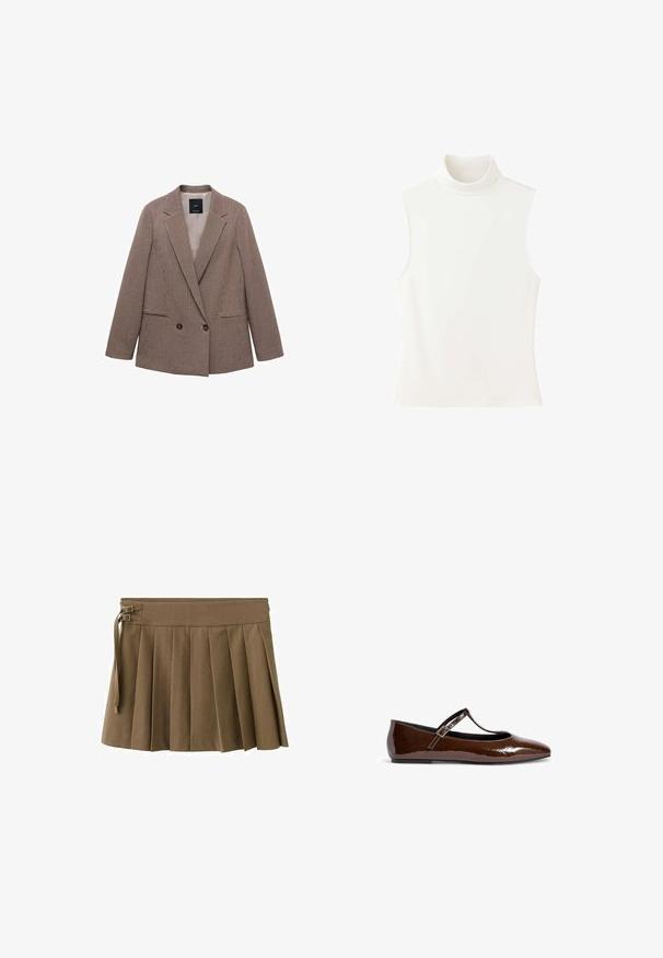 Blazer à carreaux marron avec un devant croisé, des revers à pointe, deux poches latérales et une doublure intérieure lisse.; Haut sans manches blanc à col roulé avec une coupe ajustée et un col montant, présenté sur un fond blanc uni.; Jupe plissée marron avec une large ceinture, ornée de deux boucles métalliques et d'un détail noué sur le côté. Tissu lisse avec un design structuré.; Ballerines en cuir verni marron avec un bout pointu et une sangle décorative sur le pied, présentant une finition lisse et brillante.