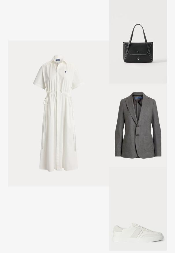 Blazer gris ajustado con solapas de muesca, dos bolsillos frontales de parche, cierre de dos botones y etiqueta de marca en el cuello interior.; Vestido midi blanco de manga corta con cuello, cierre frontal de botones, lazos ajustables en la cintura y pequeño logo bordado en el pecho.; Zapatilla blanca con parte superior de cuero liso, acentos de ante y cordones planos. Presenta una suela de goma texturizada y un diseño minimalista.; Bolso de mano de cuero negro con dos asas, solapa frontal con cierre de botón, costuras blancas y pequeño logo de caballo sobre un fondo liso.