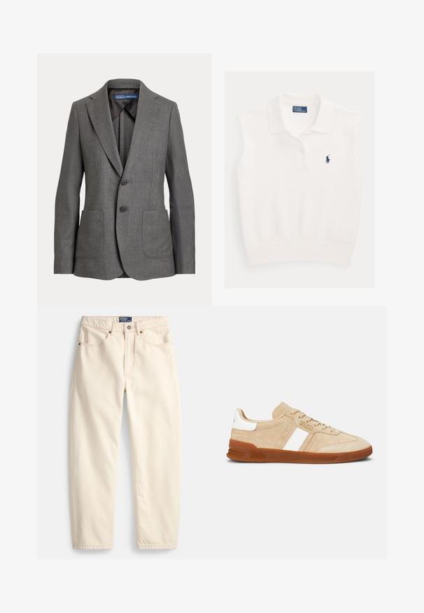 Grau maßgeschneiderter Blazer mit Reverskragen, zwei vorderen aufgesetzten Taschen, Zwei-Knopf-Verschluss und etikettiertem Innenkragen.; Weißes ärmelloses Poloshirt mit Kragen, zwei Knöpfen und marineblauem Ralph Lauren Polo-Spieler-Logo auf der linken Brustseite.; Jeans in Cremefarbe aus Denim mit geradem Bein, Fronttaschen und Ziernähten. Metallknopf und Reißverschluss zum Schließen.; Beige Wildledersneaker mit weißen Streifen, Gummisohle und braunen Akzenten. Der Schuh hat einen strukturierten Körper und ein Logo an der Seite.