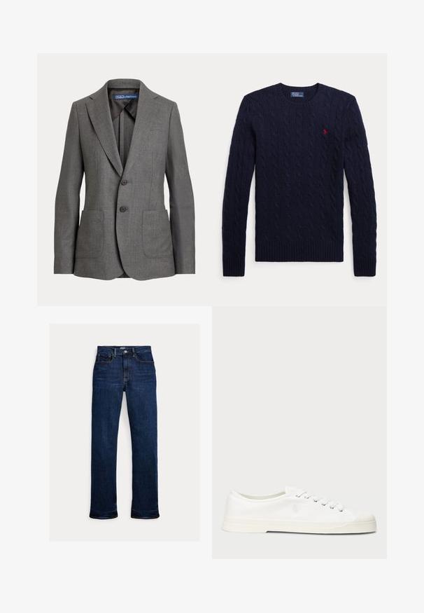 Grå skræddersyet blazer med klapkraver, to frontlommer, to-knaps lukning og mærkeetiket i kraven.; Marineblå kabelstrikket sweater med lange ærmer, rund hals, ribstrikkede manchetter, kant og et lille rødt broderet logo på brystet.; Mørkeblå straight-leg jeans med frontknap og lynlås, fem-lomme design og synlige syninger.; Hvide lærredssneakers med rund tå, snørelukning og diskret logo-detalje. Har en tekstureret overflade og gummisål.