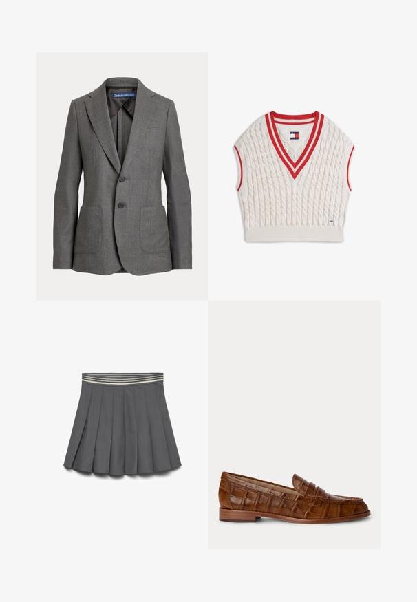 Grå skræddersyet blazer med klapkraver, to frontlommer, to-knaps lukning og mærkeetiket i kraven.; Kremfarvet kabelstrikket ærmeløs sweatervest med røde og hvide stribede V-hals og ærmegab, Tommy Jeans mærke ved kraven og kanten.; Mørkegrå plisseret nederdel med et stribet elastisk liv i lyse og mørke nuancer, lagt fladt på en hvid baggrund.; Brun læderloafer med krokodillemønster, lavt træhæl og en rem tværs over toppen, vist mod en ensfarvet baggrund.