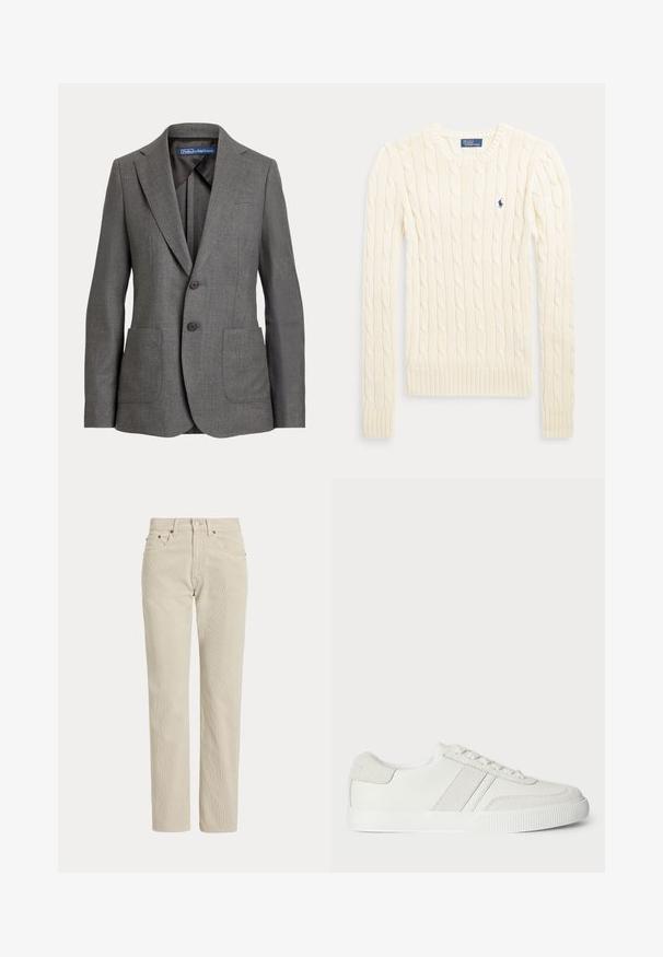 Grå skræddersyet blazer med klapkraver, to frontlommer, to-knaps lukning og mærkeetiket i kraven.; Langærmet cremefarvet kabelstrikket sweater med rund halsudskæring og lille mørkeblå broderet logo på brystet.; Beige, lige-benede fløjlsbukser med bæltestropper, frontknap, lynlås og frontlommer.; Hvid sneakers med en glat læderoverdel, suedet detaljer og flade snørebånd. Har en tekstureret gummisål og et minimalistisk design.