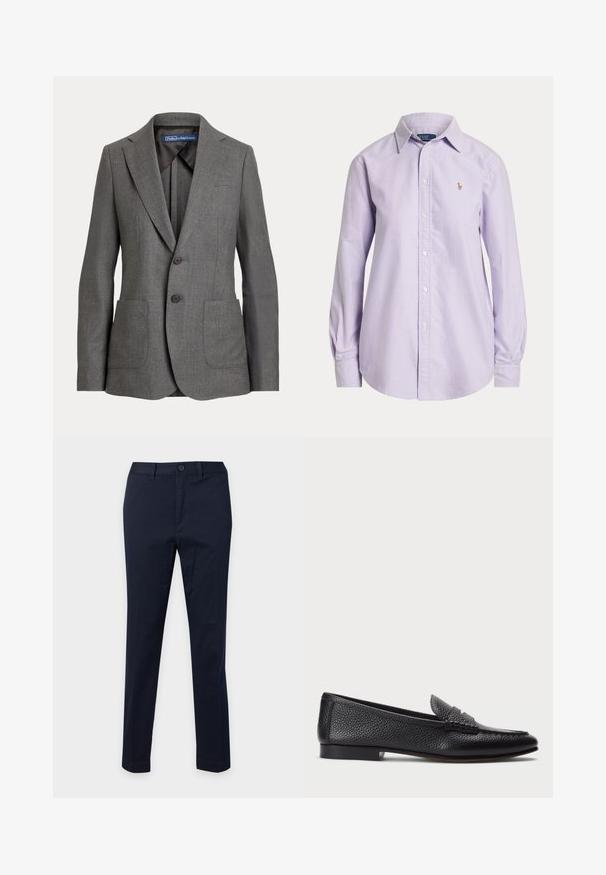 Blazer gris ajustado con solapas de muesca, dos bolsillos frontales de parche, cierre de dos botones y etiqueta de marca en el cuello interior.; Camisa de manga larga color púrpura claro con botones, cuello y pequeño logo bordado en el pecho izquierdo.; Pantalones azul marino entallados con cierre frontal de botón y cremallera, trabillas para cinturón y diseño de pierna recta.; Mocasin de cuero negro con acabado texturizado, que cuenta con una correa decorativa y tacón plano. Diseño elegante y minimalista con punta redondeada.