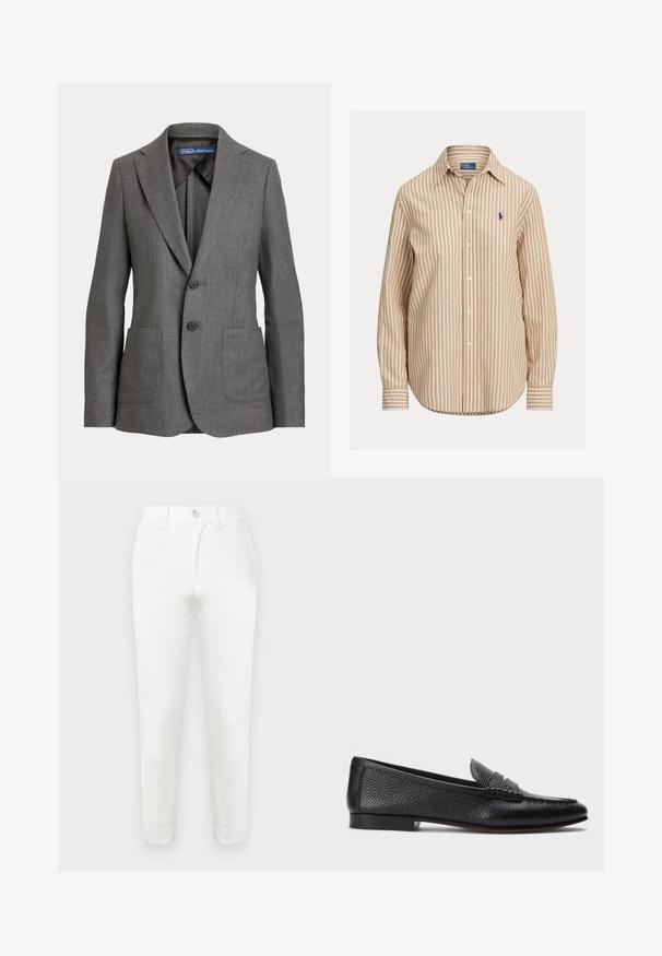 Blazer gris ajustado con solapas de muesca, dos bolsillos frontales de parche, cierre de dos botones y etiqueta de marca en el cuello interior.; Camisa de botones a rayas con un patrón en caqui y blanco, mangas largas, cuello puntiagudo y un pequeño logo en el pecho izquierdo. Tejido de algodón.; Pantalones de algodón blanco con un corte slim, que presentan un cierre simple con botón, frente plano y piernas estrechadas. La tela parece lisa con una textura mínima.; Mocasin de cuero negro con acabado texturizado, que cuenta con una correa decorativa y tacón plano. Diseño elegante y minimalista con punta redondeada.