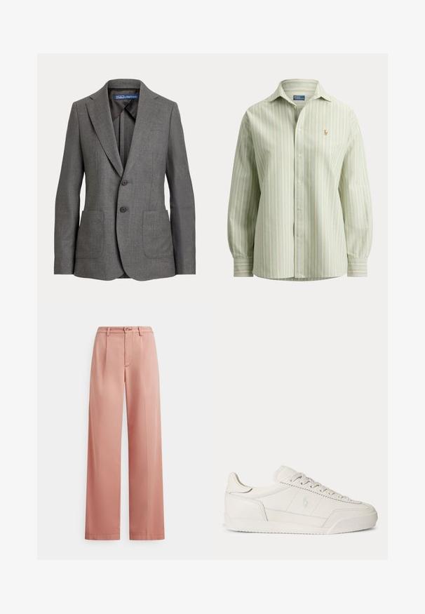 Grijs op maat gemaakte blazer met notch revers, twee voorzakken, knoopsluiting met twee knopen en een merklabel aan de binnenkant van de kraag.; Lichtgroen hemd met lange mouwen met witte en roze verticale strepen, knoopsluiting aan de voorkant, kraag en klein geborduurd logo op de linkerborst.; Broek met hoge taille en wijde pijpen, gemaakt van een zacht roze stof. Heeft plooien aan de voorkant, een voorzak en een knoopsluiting in de taille.; Witte lage leren sneaker met veters, gestructureerde zool en subtiel logo aan de zijkant, zijaanzicht tegen een effen achtergrond.