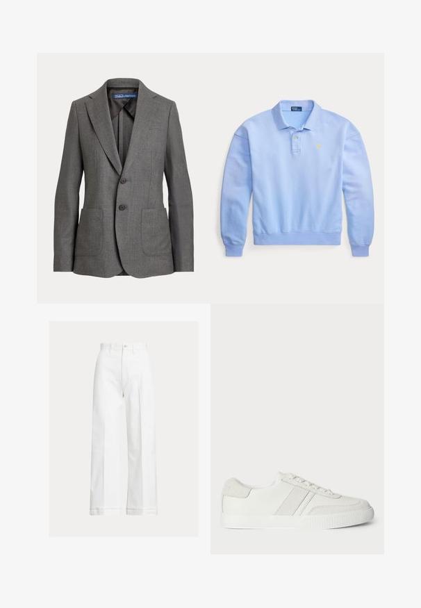 Grijs op maat gemaakte blazer met notch revers, twee voorzakken, knoopsluiting met twee knopen en een merklabel aan de binnenkant van de kraag.; Lichtblauw poloshirt met lange mouwen, kraag, twee knopen, geribbelde boorden en zoom, en klein geel geborduurd logo op de borst.; Witte wijde broek van katoen, met een hoge taille, knoopsluiting en subtiele plooi lijnen aan de voorkant.; Witte sneaker met een glad leren bovenzijde, suède accenten en platte veters. Voorzien van een geëxtraheerde rubberen zool en een minimalistisch ontwerp.