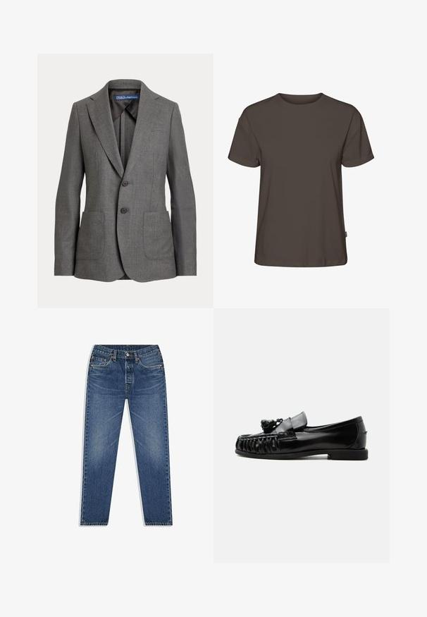 Grå skræddersyet blazer med klapkraver, to frontlommer, to-knaps lukning og mærkeetiket i kraven.; Ensfarvet mørkebrun t-shirt med korte ærmer, rund hals og afslappet pasform vist på hvid baggrund.; Blå denim jeans med lige ben-design, der har knap- og lynlåsgylpter, fem lommer og subtilt slid i vasken.; Sort blank læderloafer med frynser, plisseret frontdetalje og lav hæl, vist fra venstre side på ensartet lys baggrund.