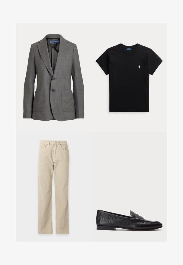 Sivý prešívaný blazer s klopami, dvoma prednými vreckami, dvojitým zapínaním na gombíky a označením vnútorného goliera.; Čierne tričko s krátkym rukávom a okrúhlym výstrihom s malým bielym logom koníka Polo Ralph Lauren na ľavej strane hrude.; Béžové manšestrové nohavice s priamymi nohavicami, prednými vreckami, pútkami na opasok a zapínaním na gombík, zobrazené na jednoduchom pozadí.; Čierne kožené loafers s textúrovaným povrchom, vybavené dekoratívnym pásikom a plochým podpätkom. Elegatný, minimalistický dizajn s okrúhlou špičkou.