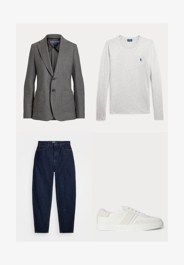 Sivý prešívaný blazer s klopami, dvoma prednými vreckami, dvojitým zapínaním na gombíky a označením vnútorného goliera.; Svetlosivé tričko s dlhým rukávom a okrúhlym výstrihom s malým tmavomodrým logom Polo Ralph Lauren na ľavej strane hrude.; Tmavomodré džíny so strihom rovného nohu, s oranžovým štepovaním, predným zapínaním na gombík a piatimi vreckami.; Biele tenisky so hladkým koženým zvrškom, semišovými akcentmi a plochými šnúrkami. Majú textúrovanú gumovú podrážku a minimalistický dizajn.