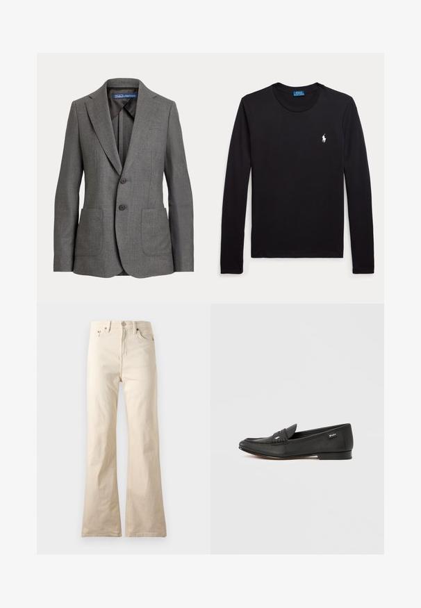 Sivý prešívaný blazer s klopami, dvoma prednými vreckami, dvojitým zapínaním na gombíky a označením vnútorného goliera.; Čierne tričko s dlhým rukávom a guľatým výstrihom s malým bielym logom Polo Ralph Lauren na ľavej strane na hrudi.; Béžové nohavice s vysokým pásom a rovnými nohavicami, so zapínaním vpredu na gombík a zips, s prednými a zadnými vreckami, zobrazené na jednofarebnom pozadí.; Čierna kožená mokasína s textúrovaným povrchom, detailom na uchytenie mincí, úzkym profilom, jemným logom na boku a nízkym, plochým podpätkom.