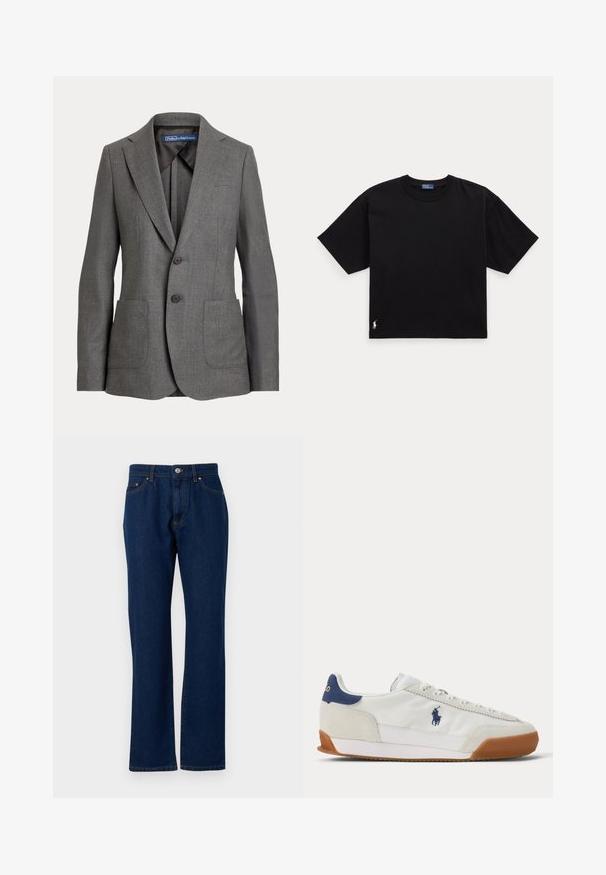 Grau maßgeschneiderter Blazer mit Reverskragen, zwei vorderen aufgesetzten Taschen, Zwei-Knopf-Verschluss und etikettiertem Innenkragen.; Schwarzes T-Shirt mit kurzen Ärmeln, Rundhalsausschnitt und lockerer Passform mit kleinem weißen gestickten Logo nahe dem unteren Saum auf einfarbigem Hintergrund.; Dunkelblaue Jeans aus Denim mit geradem Bein, Fünf-Taschen-Stil, Reißverschluss vorne und Knopfverschluss. Robustes Material mit subtilen Nähdetails.; Weißer Sneaker mit niedrigem Schaft, beigefarbener Sohle, dunklem blauen Fersendetail und gesticktem dunkelblauen Polo-Logo an der Seite.
