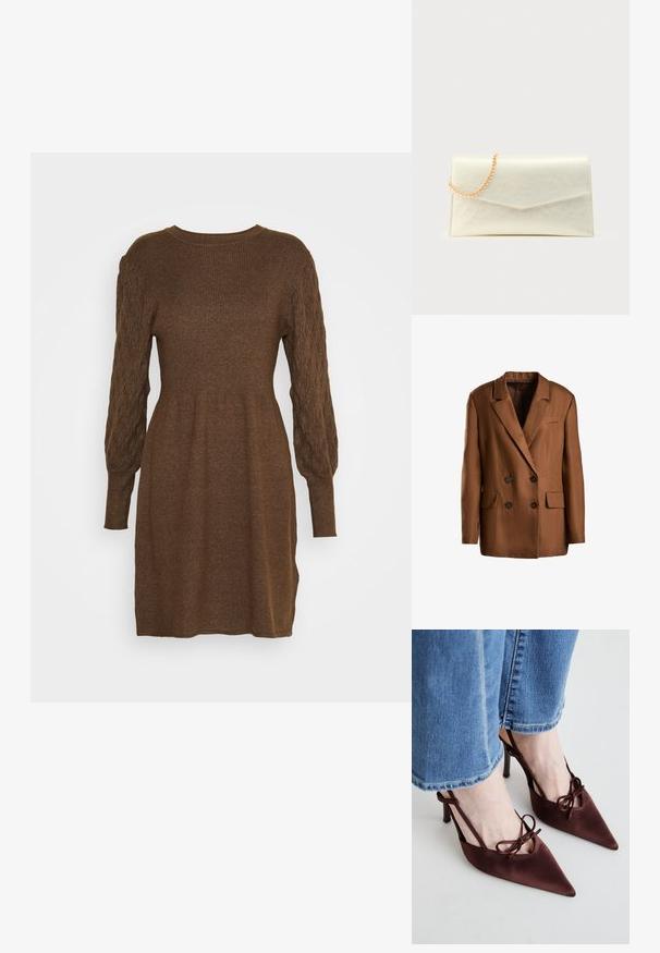 Brun dobbeltradet blazer lavet af tekstureret stof. Har en spidse slag, to frontlommer og mørke knapper.; Brun strikket kjole med rund halsudskæring, ribbet overdel og teksturerede puffærmer med kabelstrikdesign. Kort længde.; Simmi London KLARA - Højhælede pumps - chocolate; Rektangulær kuvertclutch i cremefarve med en guldkæde, der er lagt over øverste venstre hjørne på en ensfarvet baggrund.