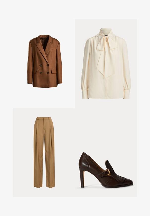 Blazer marron à double boutonnage en tissu texturé. Présente un revers cranté, deux poches avant et des boutons foncés.; Blouse crème à manches longues avec un col montant et un grand nœud noué au cou, avec des épaules froncées et des manches à poignets.; Pantalon beige taille haute, jambes larges, avec passants pour ceinture et plis devant, présenté sur un fond clair uni.; Chaussure à talon haut en cuir marron foncé avec bout pointu, franges décoratives, détails brogue et bride avec boucle dorée.