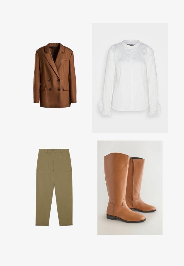 Brun dobbeltradet blazer lavet af tekstureret stof. Har en spidse slag, to frontlommer og mørke knapper.; Hvid skjorte med knapper lavet af glat stof, med rund halsudskæring og flæser ved håndleddene. Klassisk design med lange ærmer.; Khaki-farvede bukser med lige ben, bæltestropper, knaplukning foran, lynlåsgylp og to store frontlommer.; Høje, brune læderridestøvler med et strømlinet design, rund tå og en lynlås på siden for nem påtagning. Flade såler og minimale syninger.