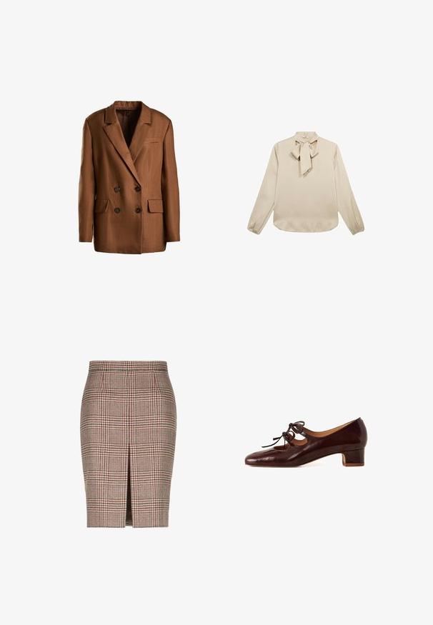 Bruine dubbel-geknoopte blazer van textuurstof. Voorzien van een gesneden revers, twee voorzakken en donkere knopen.; Beige blouse met lange mouwen en een strikdetail bij de halslijn, gladde textuur, en geraffineerde manchetten, met een afgeronde zoom.; Luisa Spagnoli FORMA - Kokerrok - ruggine; Bruine gepatenteerde leren schoen met een ronde neus, lage blokhak en decoratieve veters op de wreef. Bevat uitsparingen aan de zijkanten.