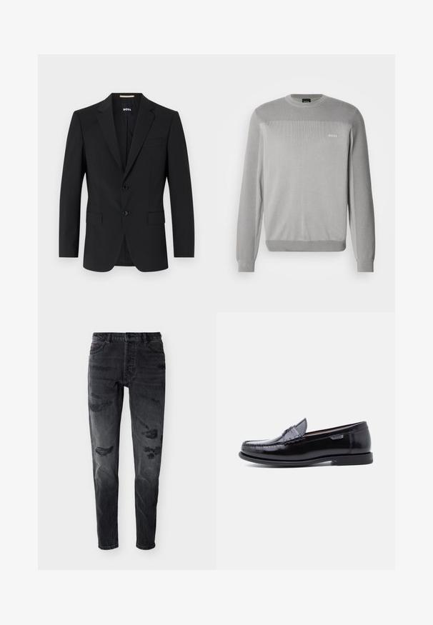 Schwarzer Blazer mit tailliertem Design, zwei Knöpfen und Reverskragen. Mit einer Brusttasche und zwei Fronttaschen.; Grauer Strickpullover mit langen Ärmeln, rundem Ausschnitt, gerippten Bündchen und Saum. Verfügt über eine dezente Texturvariation und das BOSS-Logo auf der Brust.; Schwarze, slim-fit Jeans mit Used-Look, vorne mit Knöpfen, Gürtelschlaufen und abgenutzten Stellen an Oberschenkeln und Knien vor weißem Hintergrund.; Schwarze Leder-Loafer mit glänzendem Finish, mit einer gesteppten Verzierung auf der Zehenpartie und einer niedrigen, strukturierten schwarzen Gummisohle.