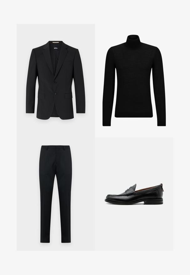 Schwarzer Blazer mit tailliertem Design, zwei Knöpfen und Reverskragen. Mit einer Brusttasche und zwei Fronttaschen.; Schwarzer Rollkragenpullover aus weichem Material mit langen Ärmeln und enger Passform. Rippbesatz am Saum und an den Bündchen. Einfaches Design.; Schwarze maßgeschneiderte Herren-Anzughose mit Gürtelschlaufen, flachem Vorderteil und geraden Beinen auf weißem Hintergrund.; Schwarzer Leder-Herrenschuh mit Mokassinnaht, Penny-Riemen, strukturiertem Kragen und niedrigem gestapeltem Absatz auf weißem Hintergrund.