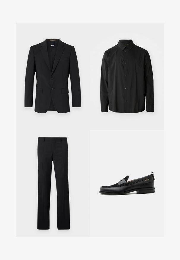 Mustakas bleiser, millel on kohandatud disain, kaks nuppu ja nurgalapid. Sisaldab ühte rinna taskut ja kahte eesmist taskut.; MustHave must have black long-sleeve shirt, made of lightweight fabric. Features a button-up front, pointed collar, and discreet brand logo on the chest.; Mustad kohandatud püksid sirge lõikega, teravate voldikutega ja siledast viimistlusest. Valmistatud kerge kangaga, millel on puhas vöökoht.; Must nahast loafer halli rihma detailiga, madala kand ja tekstuurse tallaga, külgedel kuldse "HUGO" brändiga.