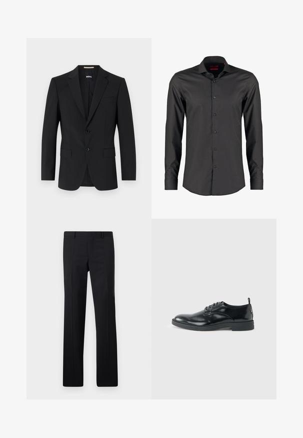 Zwarte blazer met een tailor-made ontwerp, twee knopen en inkepingen bij de revers. Bevat een enkele borstzak en twee voorzakken.; Zwarte langefris shirt met een slim fit, gemaakt van zacht materiaal. Voorzien van een puntige kraag en zes knopen aan de voorkant.; Zwarte op maat gemaakte pantalon met een recht model, scherpe plooien en een gladde afwerking. Gemaakt van lichtgewicht stof met een strakke tailleband.; Glanzende zwarte lederen nette schoen met lage hak, vetersluiting en ronde neus, van opzij getoond tegen een effen lichte achtergrond.