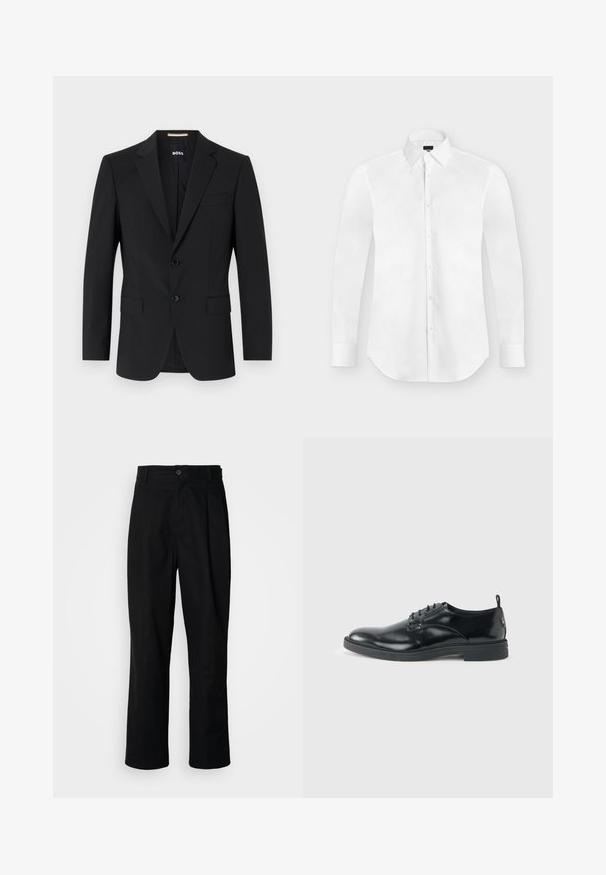 Zwarte blazer met een tailor-made ontwerp, twee knopen en inkepingen bij de revers. Bevat een enkele borstzak en twee voorzakken.; Witte lange mouwen overhemd met knopen en spitse kraag, plat liggend op een lichtgrijze achtergrond.; Zwarte rechte broek met een knoopsluiting, lusjes voor een riem en een voornaad, gepresenteerd tegen een effen witte achtergrond.; Glanzende zwarte lederen nette schoen met lage hak, vetersluiting en ronde neus, van opzij getoond tegen een effen lichte achtergrond.