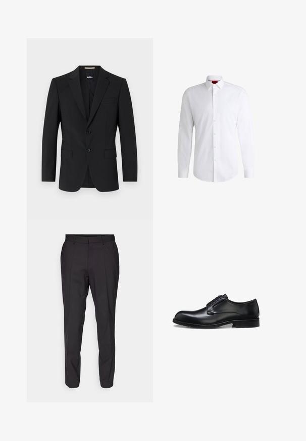 Blazer negro con un diseño ajustado, dos botones y solapas de pico. Incluye un bolsillo en el pecho y dos bolsillos frontales.; Camisa blanca de botones, confeccionada en tela suave, con collar clásico, mangas largas y dobladillo curvado. Presenta botones beige en la parte delantera.; Pantalones negros ajustados de corte recto, con un frente plano, pasadores para cinturón y una textura suave. Sin patrones ni acentos visibles.; Zapato de vestir para hombre de cuero negro pulido con cordones cerrados, tacón bajo y detalle sutil de marca cerca del talón sobre un fondo blanco.